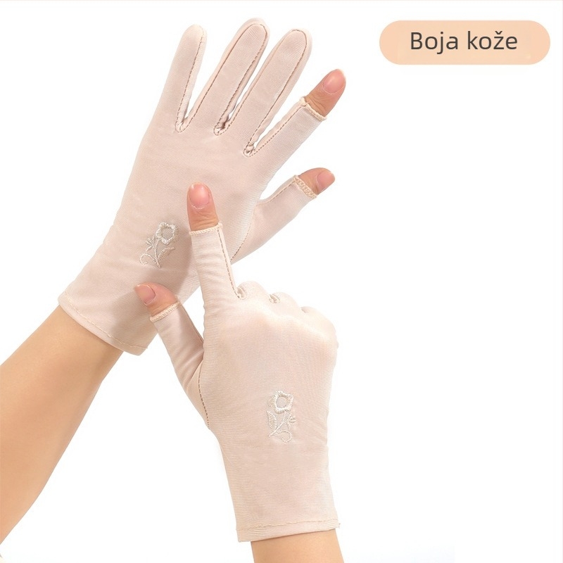 Ljetne ženske rukavice za zaštitu od sunca, bez prstiju, tanke, za vožnju i jahanje, s izvezom ledenog svile, elastične, kompatibilne s dodirnim zaslonom, za branje čaja (Otpornost na habanje; Otpor na visoke temperature; Otpor na rezanje; Otpor na klizanj