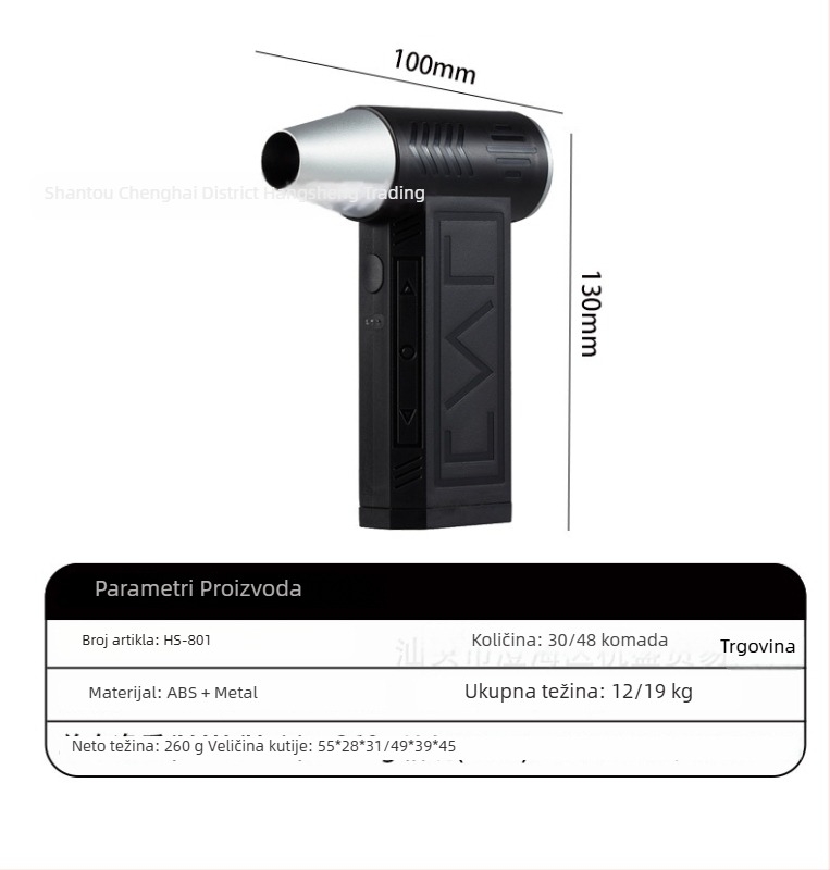 Ručni vanjski ventilator s bezčetkastim motorom, USB punjiva baterija 2000–4000 mAh, 4 brzine