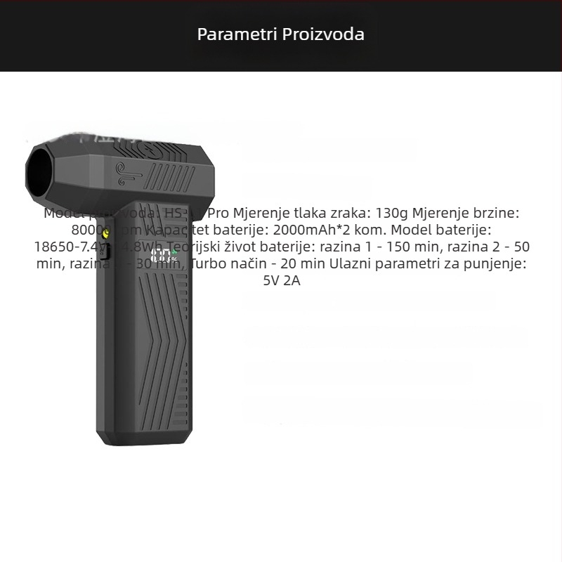 Ručni vanjski ventilator s bezčetkastim motorom, USB punjiva baterija 2000–4000 mAh, 4 brzine