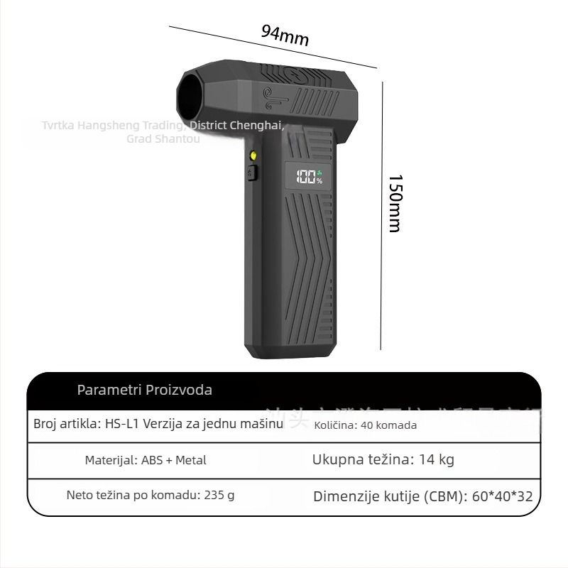 Ručni vanjski ventilator s bezčetkastim motorom, USB punjiva baterija 2000–4000 mAh, 4 brzine