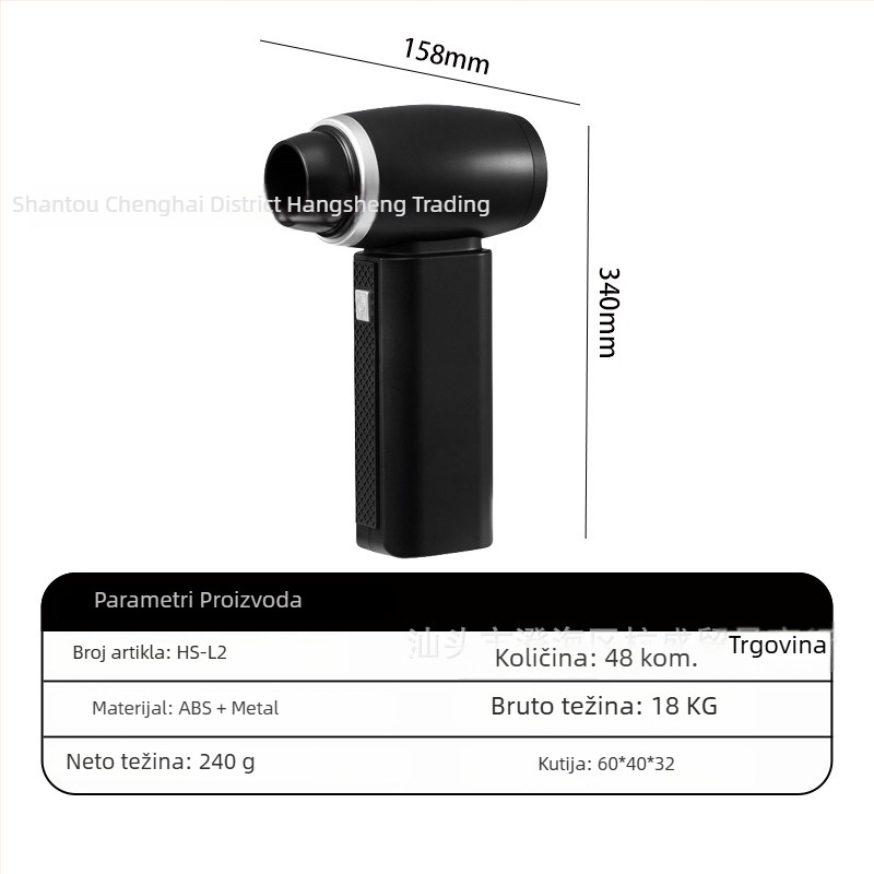 Ručni vanjski ventilator s bezčetkastim motorom, USB punjiva baterija 2000–4000 mAh, 4 brzine