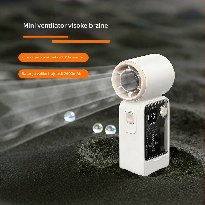 Ručni ventilator s bezkrtačnim motorom, kućište od ABS-a, 5 lopatica, ugrađena baterija 2000-4000mAh, 5 brzina, USB i bežično punjenje