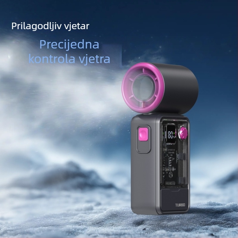 Ručni ventilator s bezkrtačnim motorom, kućište od ABS-a, 5 lopatica, ugrađena baterija 2000-4000mAh, 5 brzina, USB i bežično punjenje