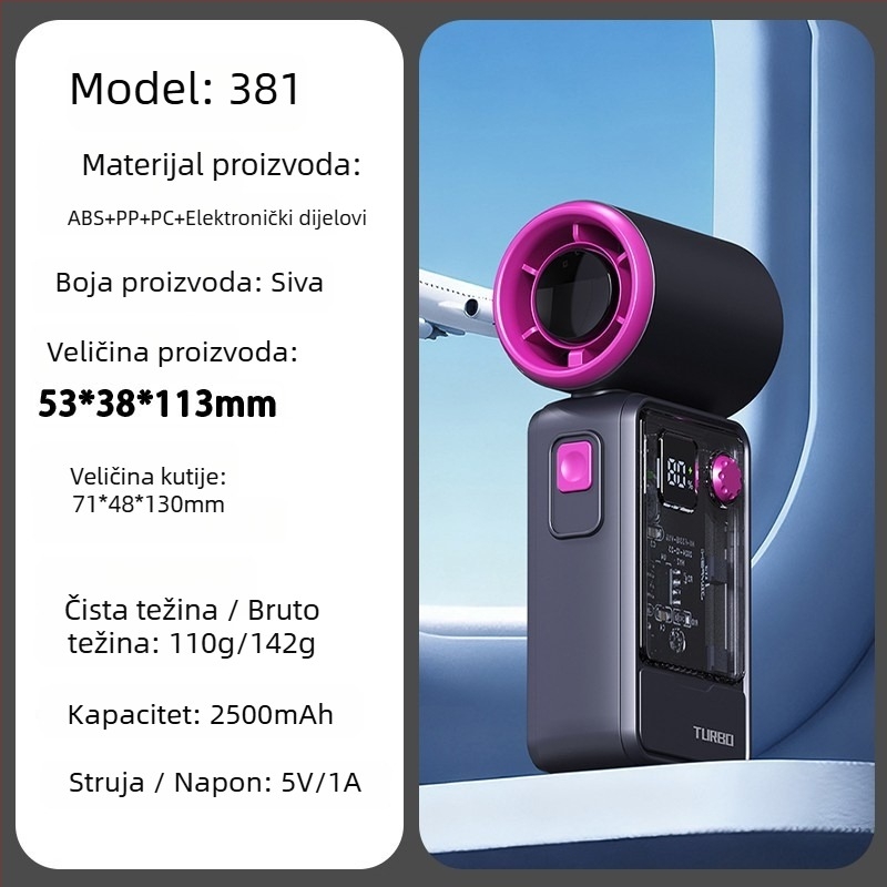 Ručni ventilator s bezkrtačnim motorom, kućište od ABS-a, 5 lopatica, ugrađena baterija 2000-4000mAh, 5 brzina, USB i bežično punjenje