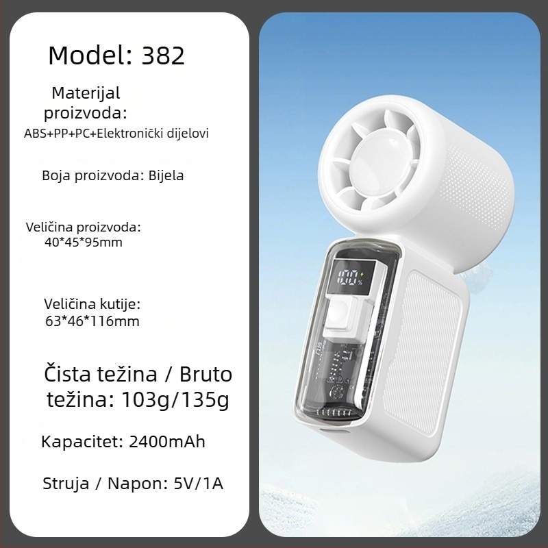 Ručni ventilator s bezkrtačnim motorom, kućište od ABS-a, 5 lopatica, ugrađena baterija 2000-4000mAh, 5 brzina, USB i bežično punjenje