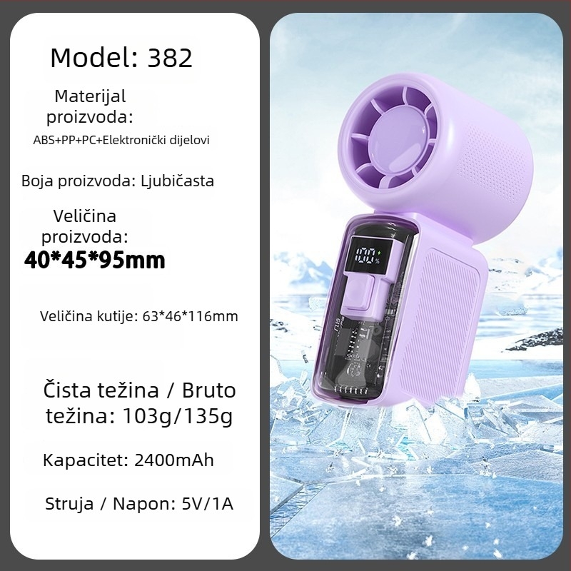 Ručni ventilator s bezkrtačnim motorom, kućište od ABS-a, 5 lopatica, ugrađena baterija 2000-4000mAh, 5 brzina, USB i bežično punjenje