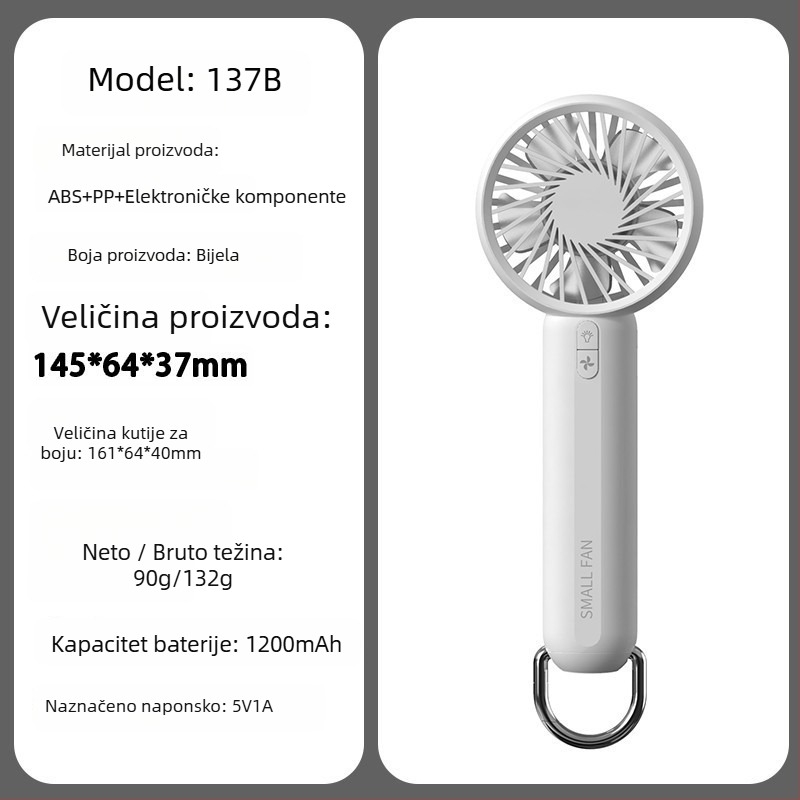 Ručni ventilator s bezkrtačnim motorom, kućište od ABS-a, 5 lopatica, ugrađena baterija 2000-4000mAh, 5 brzina, USB i bežično punjenje