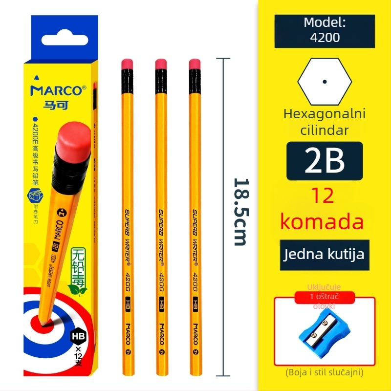 Marco drveni olovka 2BHB s gumicom, ambalaža 12 kom/kutija, 240 kutija po kartonu