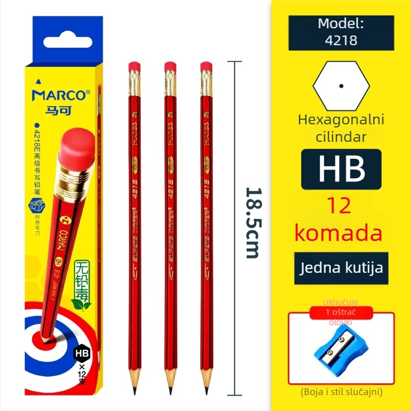 Marco drveni olovka 2BHB s gumicom, ambalaža 12 kom/kutija, 240 kutija po kartonu