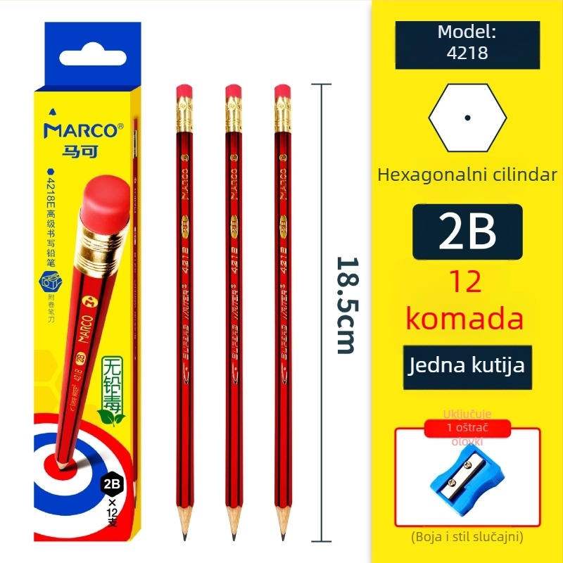 Marco drveni olovka 2BHB s gumicom, ambalaža 12 kom/kutija, 240 kutija po kartonu