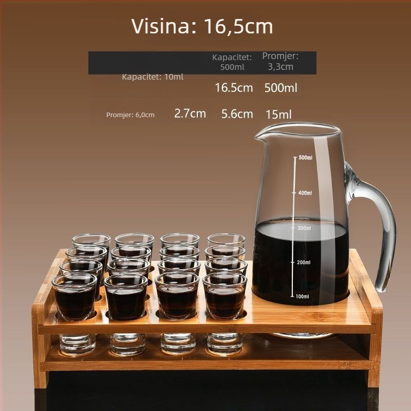 Set vinskog posuđa s dekanterom i malim čašicama, staklo, moderni minimalistički stil, bez logotipa, gravirana mjerna skala, lansiran zimi 2020, kvaliteta prvog reda