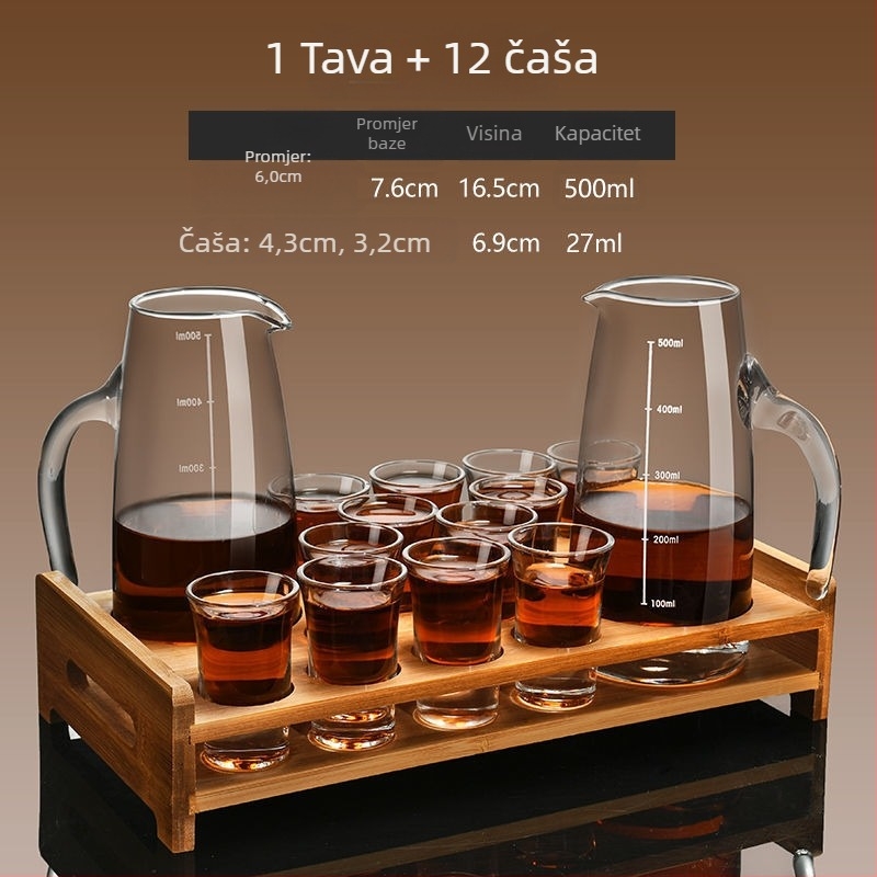 Set vinskog posuđa s dekanterom i malim čašicama, staklo, moderni minimalistički stil, bez logotipa, gravirana mjerna skala, lansiran zimi 2020, kvaliteta prvog reda