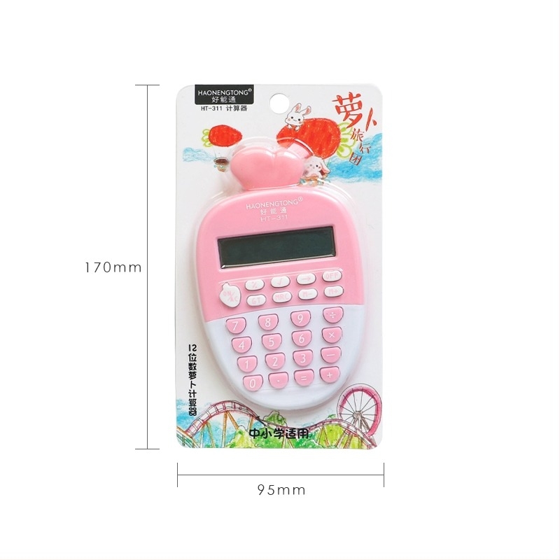 Kompaktni kalkulator s motivom mrkve, tih, namijenjen učenicima osnovne škole, 12-znamenkasti zaslon, napaja AA baterijom.