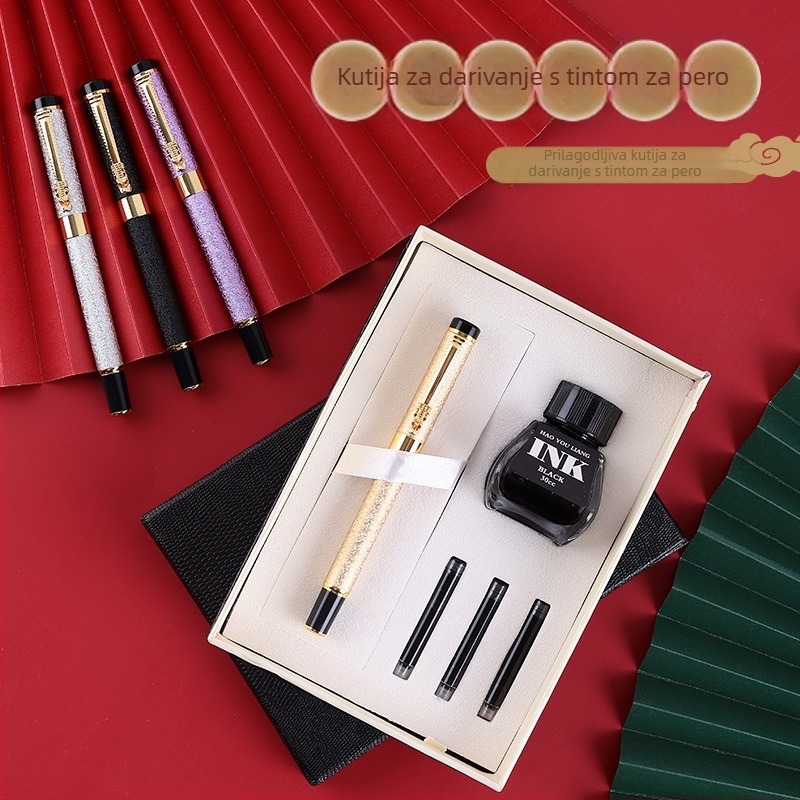 Metalna olovka s glavom zmaja — set za ured, s zamjenjivim kartridžom za mastilo i iridijevim vrhom, u kutiji za poklon