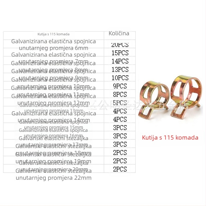 Klampa za metalne cijevi s elastičnim prstenima, japanskog stila, cinkovani završetak, kutija s 100/160 komada