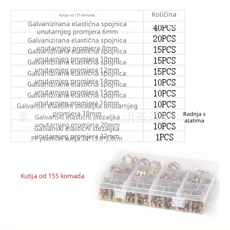 Klampa za metalne cijevi s elastičnim prstenima, japanskog stila, cinkovani završetak, kutija s 100/160 komada