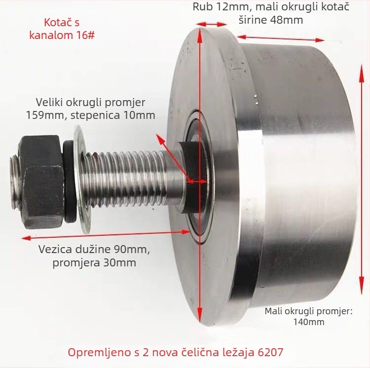 T-oblik čelična jednostrani vučna rolna za dizanje tereta uz kanalnu šinu, s konusnim utorom, kolotrak — Sincere Quality