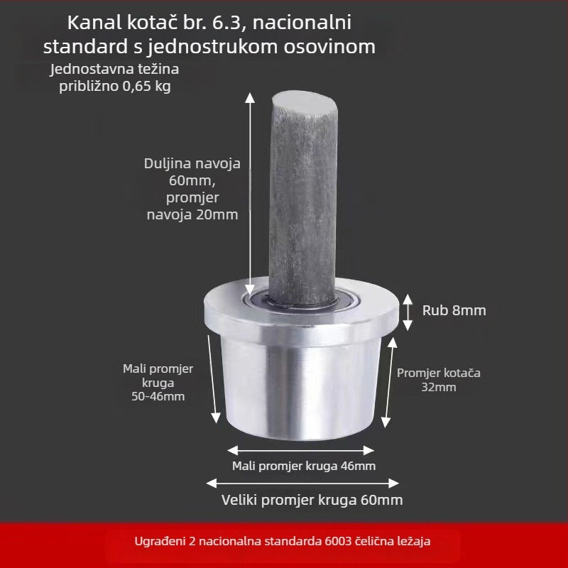 T-oblik čelična jednostrani vučna rolna za dizanje tereta uz kanalnu šinu, s konusnim utorom, kolotrak — Sincere Quality