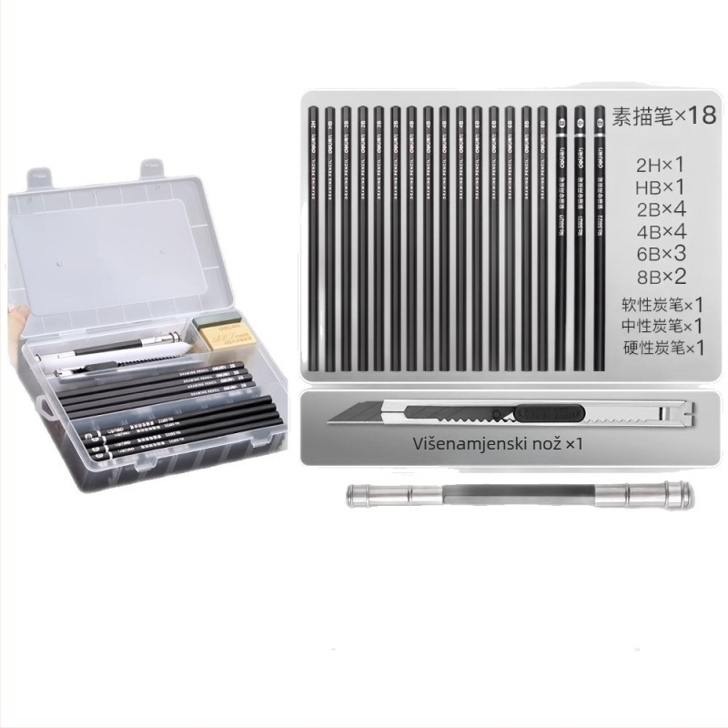 Deli set olovaka za skiciranje za početnike s plastičnim kućištem, mekane, srednje tvrde ugljene olovke za studente