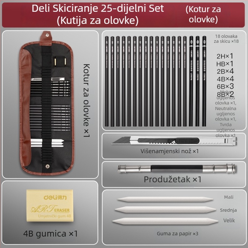 Deli set olovaka za skiciranje za početnike s plastičnim kućištem, mekane, srednje tvrde ugljene olovke za studente