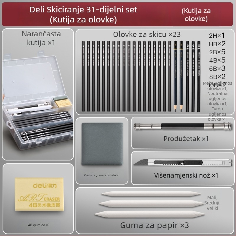 Deli set olovaka za skiciranje za početnike s plastičnim kućištem, mekane, srednje tvrde ugljene olovke za studente