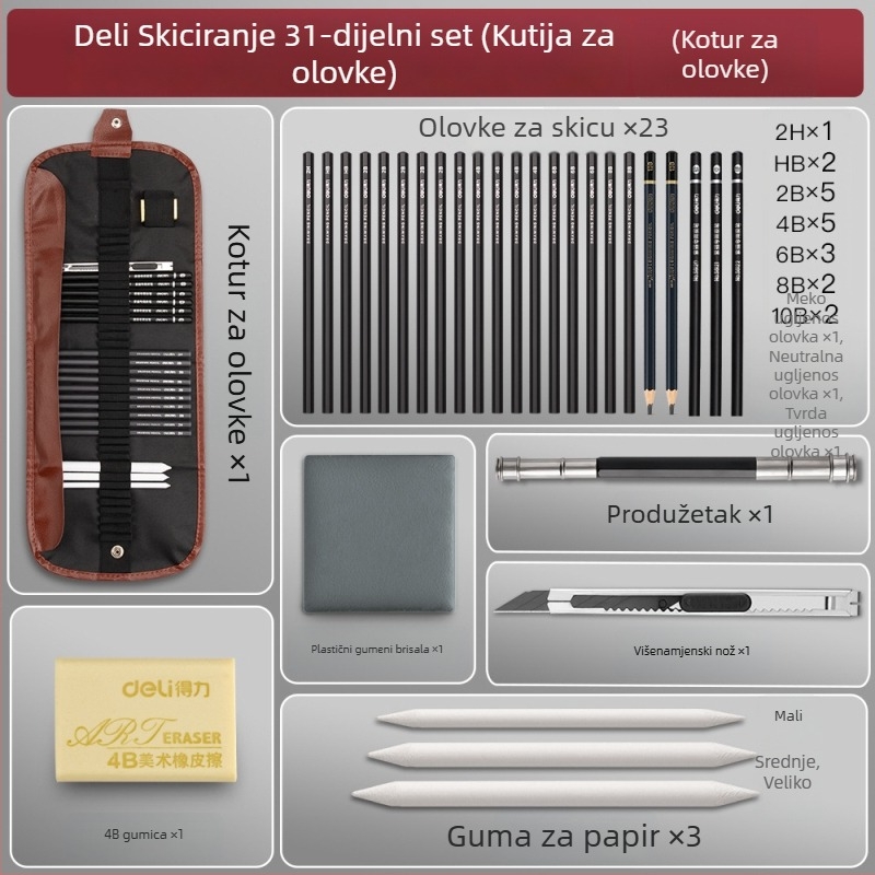 Deli set olovaka za skiciranje za početnike s plastičnim kućištem, mekane, srednje tvrde ugljene olovke za studente