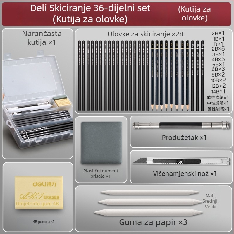 Deli set olovaka za skiciranje za početnike s plastičnim kućištem, mekane, srednje tvrde ugljene olovke za studente