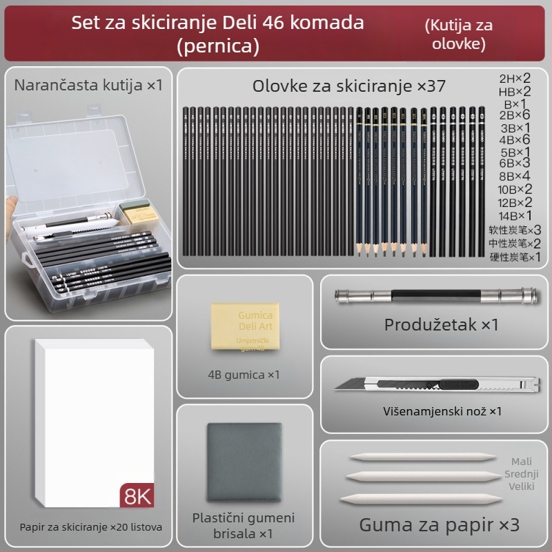 Deli set olovaka za skiciranje za početnike s plastičnim kućištem, mekane, srednje tvrde ugljene olovke za studente