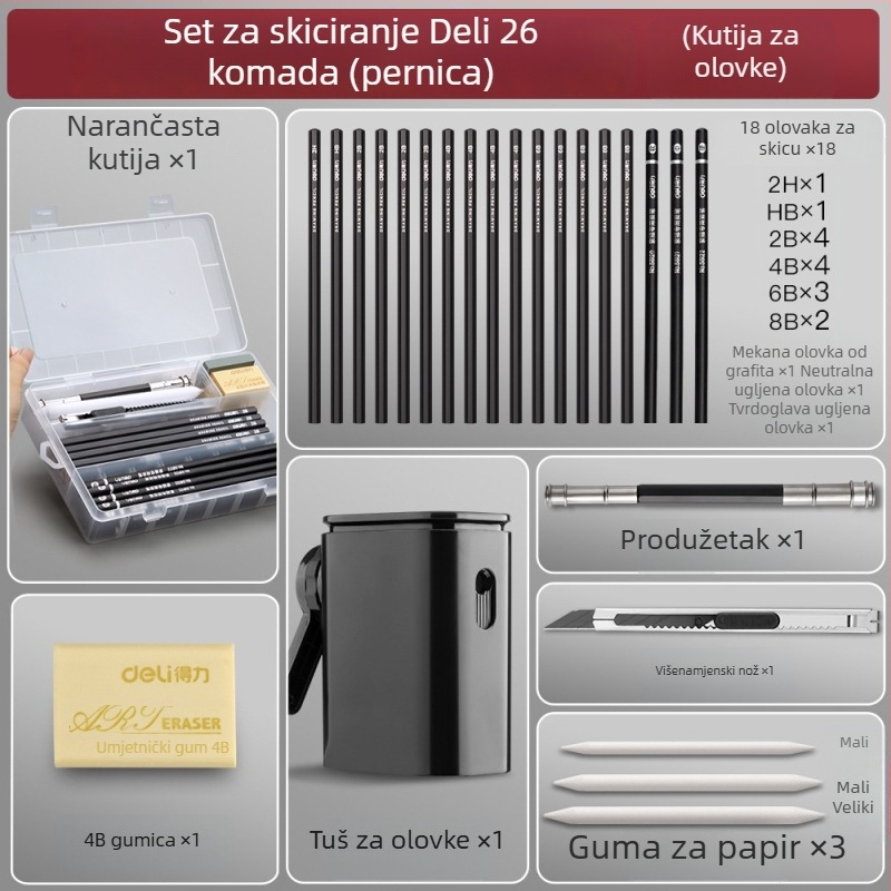 Deli set olovaka za skiciranje za početnike s plastičnim kućištem, mekane, srednje tvrde ugljene olovke za studente