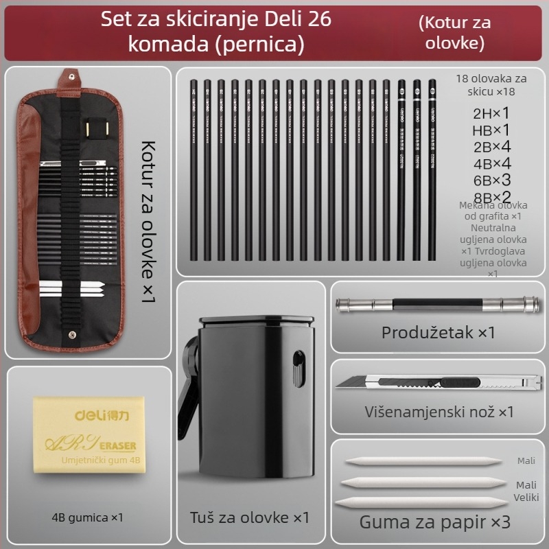 Deli set olovaka za skiciranje za početnike s plastičnim kućištem, mekane, srednje tvrde ugljene olovke za studente