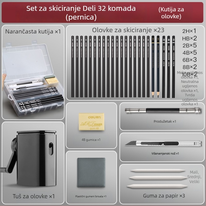 Deli set olovaka za skiciranje za početnike s plastičnim kućištem, mekane, srednje tvrde ugljene olovke za studente