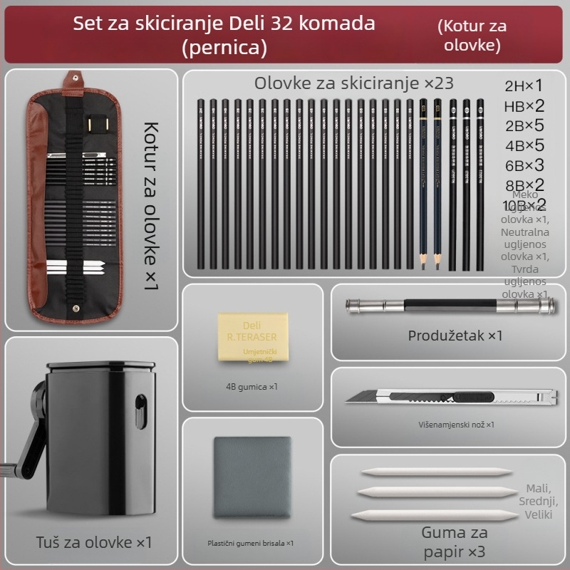 Deli set olovaka za skiciranje za početnike s plastičnim kućištem, mekane, srednje tvrde ugljene olovke za studente