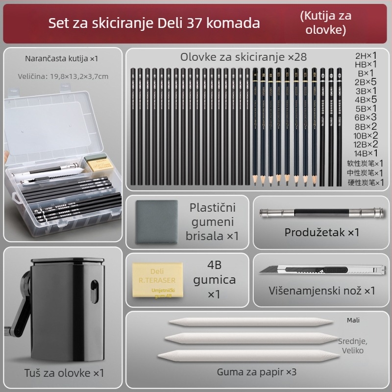 Deli set olovaka za skiciranje za početnike s plastičnim kućištem, mekane, srednje tvrde ugljene olovke za studente