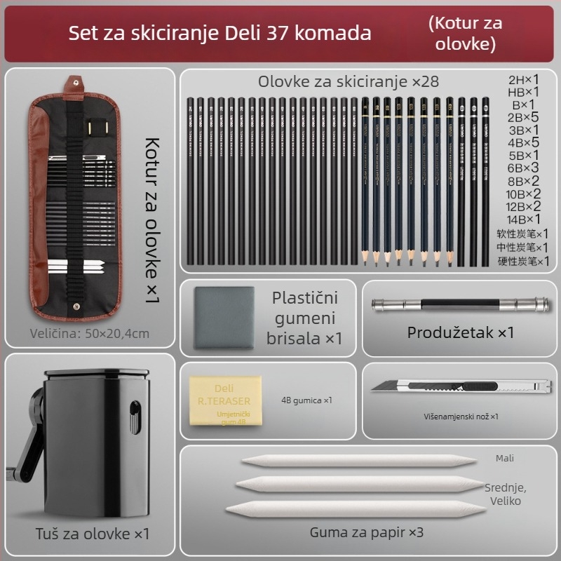 Deli set olovaka za skiciranje za početnike s plastičnim kućištem, mekane, srednje tvrde ugljene olovke za studente