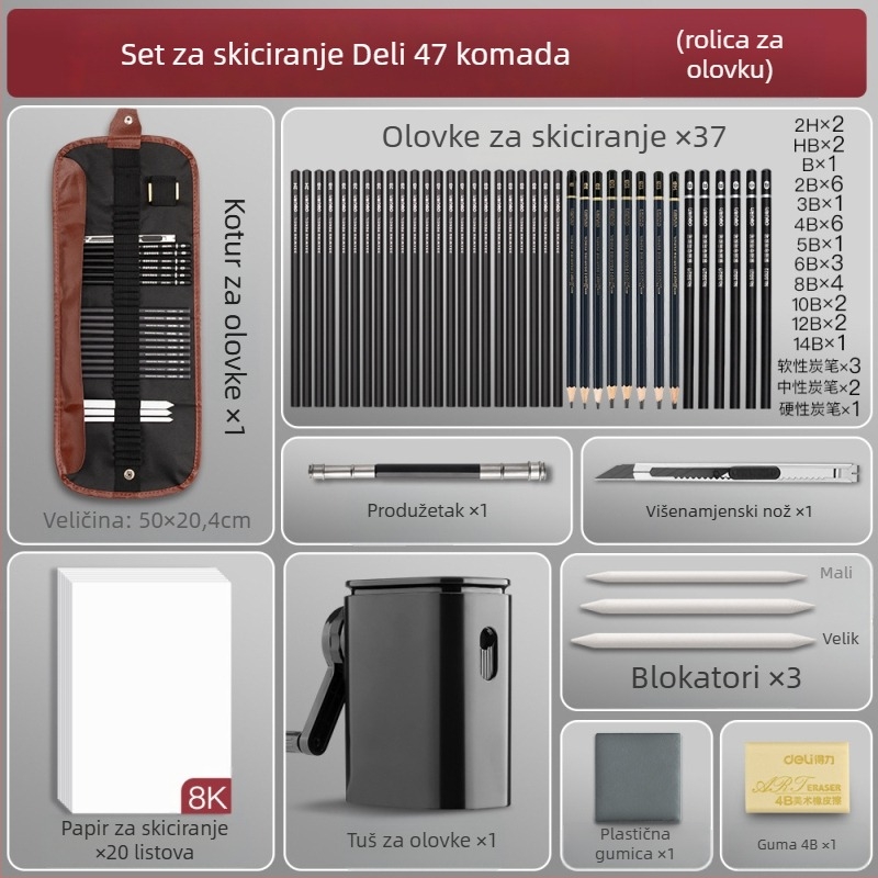 Deli set olovaka za skiciranje za početnike s plastičnim kućištem, mekane, srednje tvrde ugljene olovke za studente