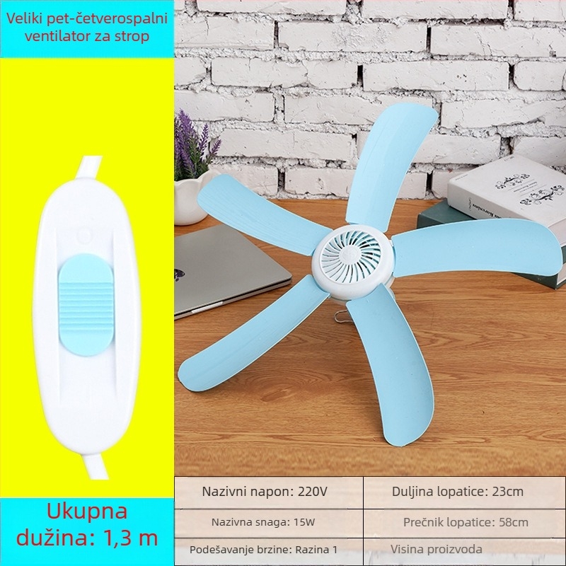 Mali stropni ventilator za studentski dom – AC napajanje, 220V, 10W, buka 36–45 dB, pogodan za prostorije do 10 m²