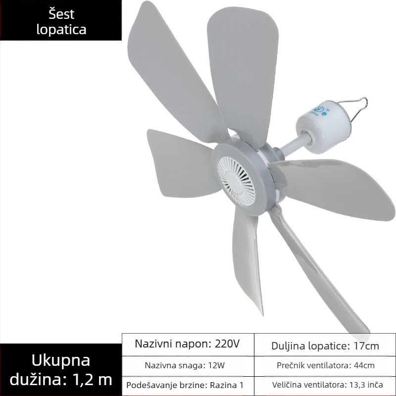 Mali stropni ventilator za studentski dom – AC napajanje, 220V, 10W, buka 36–45 dB, pogodan za prostorije do 10 m²