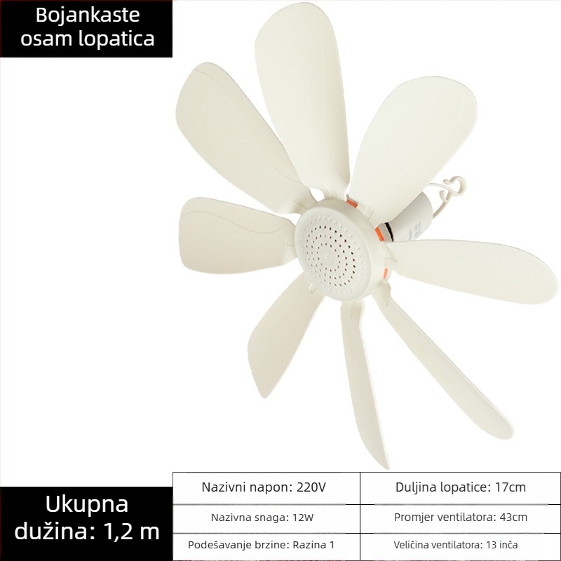 Mali stropni ventilator za studentski dom – AC napajanje, 220V, 10W, buka 36–45 dB, pogodan za prostorije do 10 m²