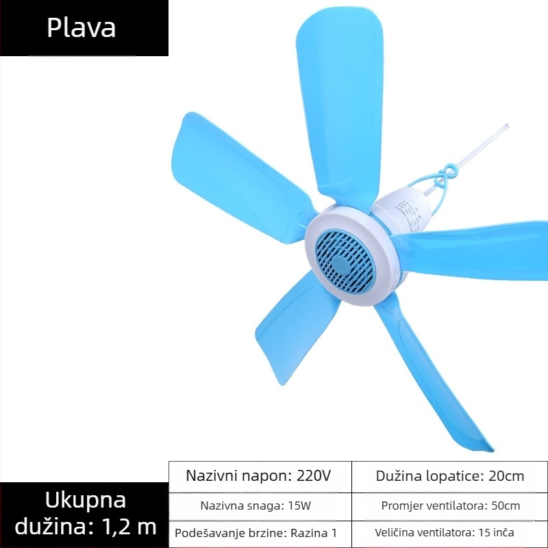 Mali stropni ventilator za studentski dom – AC napajanje, 220V, 10W, buka 36–45 dB, pogodan za prostorije do 10 m²