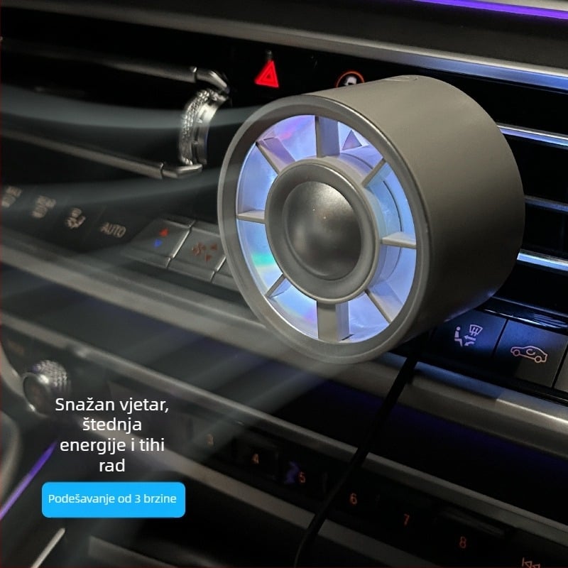 Automobilski USB ventilator s ambijentalnim osvjetljenjem, 3 brzine, bezčetkasti motor, buka ispod 36 dB