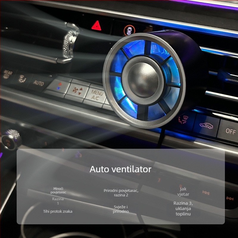 Automobilski USB ventilator s ambijentalnim osvjetljenjem, 3 brzine, bezčetkasti motor, buka ispod 36 dB