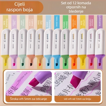 Deli highlight marker za učenike – 12 komada, kosi vrh, plastično kućište, model Dl-ygb-04620, neizbrisiv
