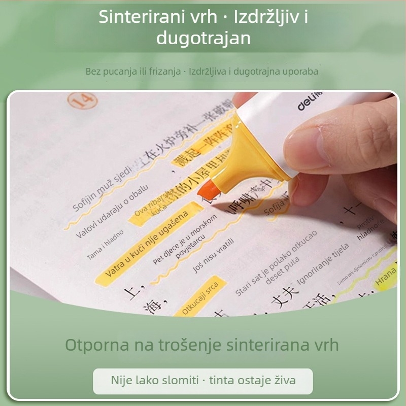 Deli highlight marker za učenike – 12 komada, kosi vrh, plastično kućište, model Dl-ygb-04620, neizbrisiv