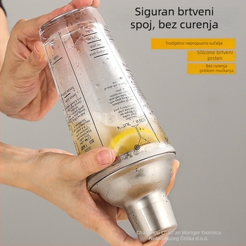 Stakleni set shakera s mjernom skalom i receptom, trostupanjski koktel shaker, staklo i nehrđajući čelik