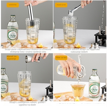 Stakleni set shakera s mjernom skalom i receptom, trostupanjski koktel shaker, staklo i nehrđajući čelik