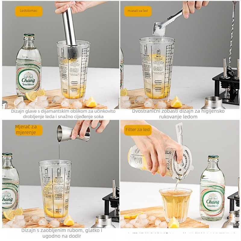 Stakleni set shakera s mjernom skalom i receptom, trostupanjski koktel shaker, staklo i nehrđajući čelik