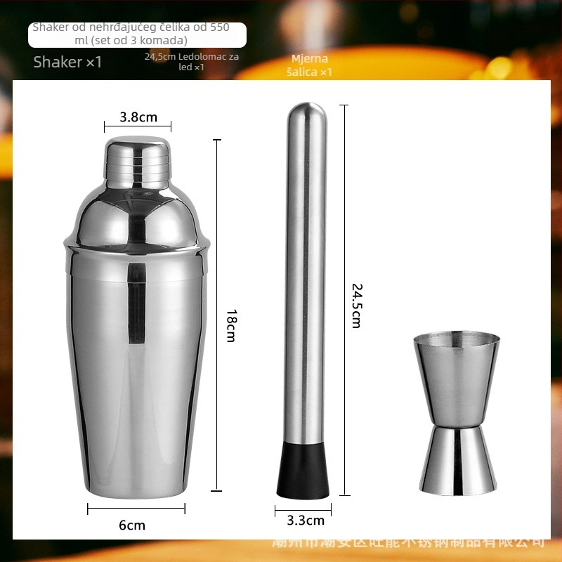 Stakleni set shakera s mjernom skalom i receptom, trostupanjski koktel shaker, staklo i nehrđajući čelik