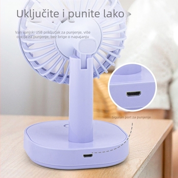 Mini USB stolni ventilator s noćnim svjetlom, 5 lopatica, 3 brzine, podesivi kut, ugrađena baterija