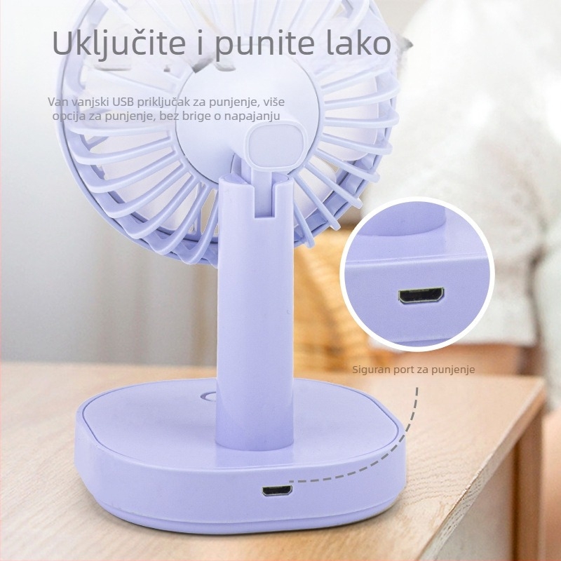 Mini USB stolni ventilator s noćnim svjetlom, 5 lopatica, 3 brzine, podesivi kut, ugrađena baterija