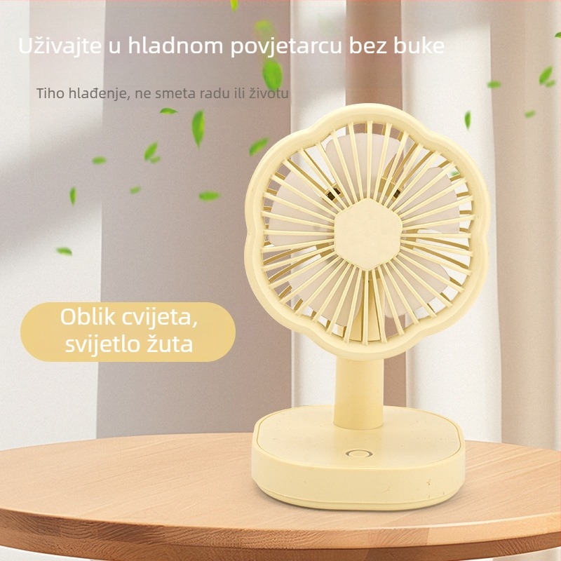 Mini USB stolni ventilator s noćnim svjetlom, 5 lopatica, 3 brzine, podesivi kut, ugrađena baterija